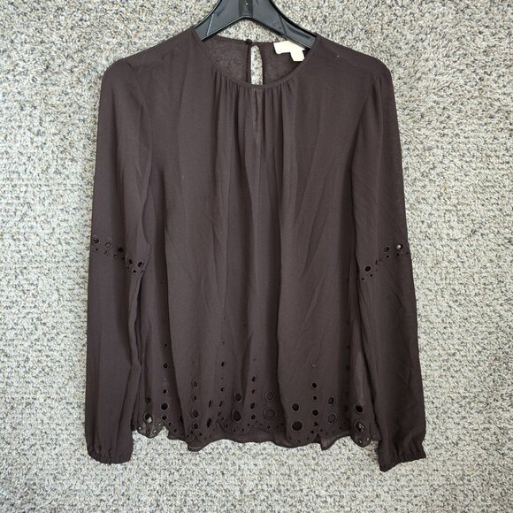 Michael Kors Top Womens Small Brown Sheer‎ Keyhole Button Blouse Casual Ladies - Picture 1 of 7